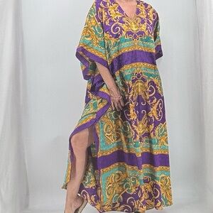 Vintage 90’s Winlar Boho Art Deco Baroque Tribal Satin House Dress Muumuu Caftan